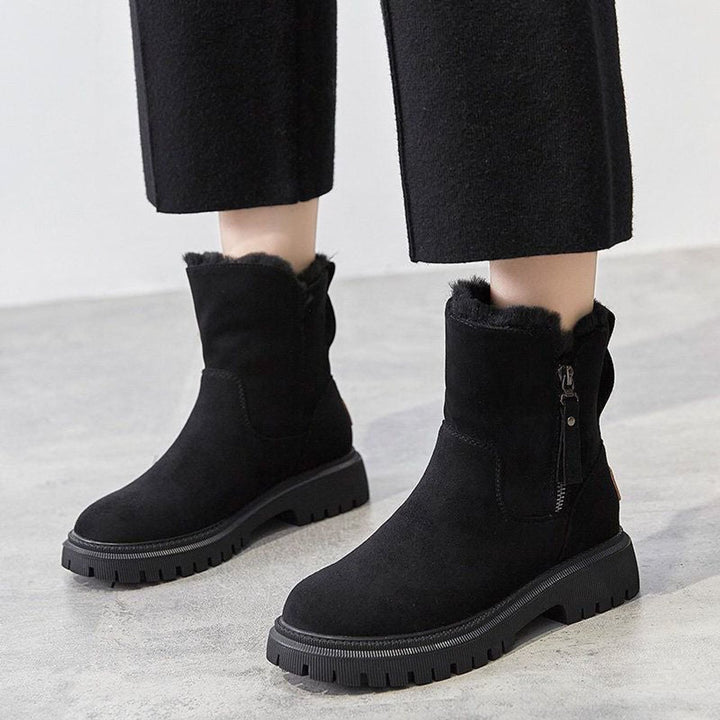 Women's Faux Suede Fur-Lined Slip-On Winter Ankle Boots - Black