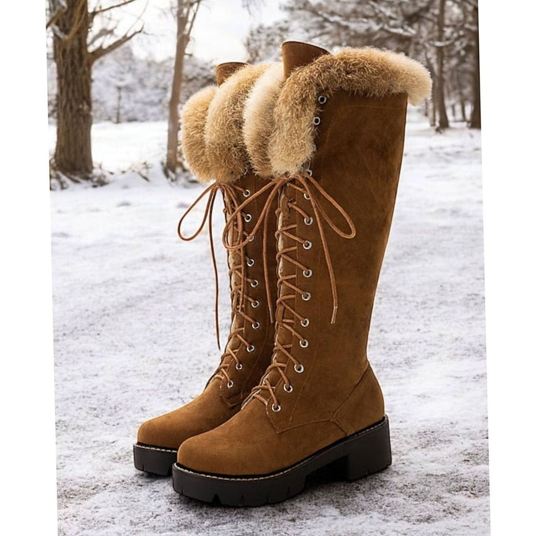 Women's Faux Suede Lace-Up Knee-High Winter Snow Boots Plush Cuff - Camel