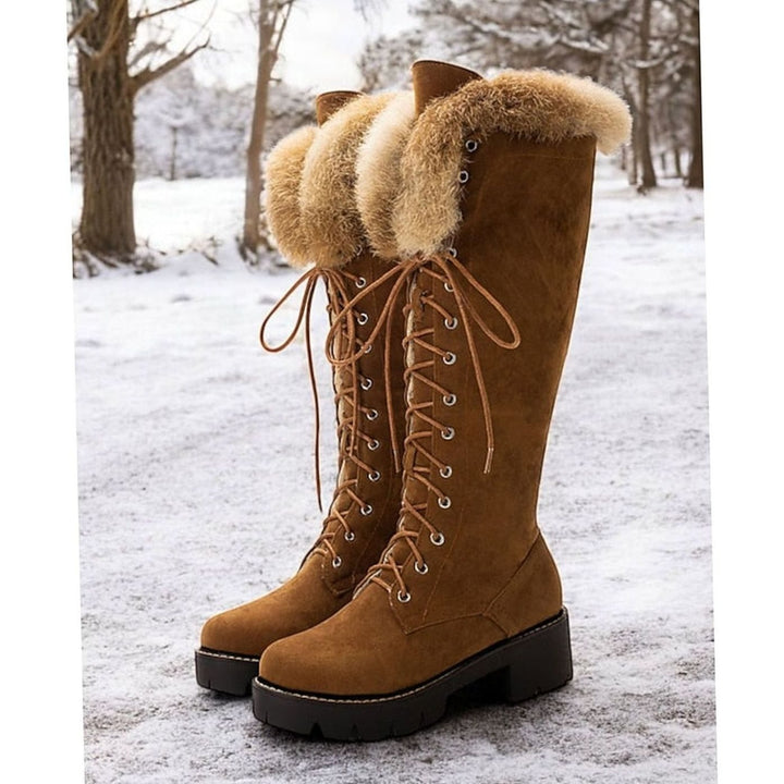 Women's Faux Suede Lace-Up Knee-High Winter Snow Boots Plush Cuff - Camel