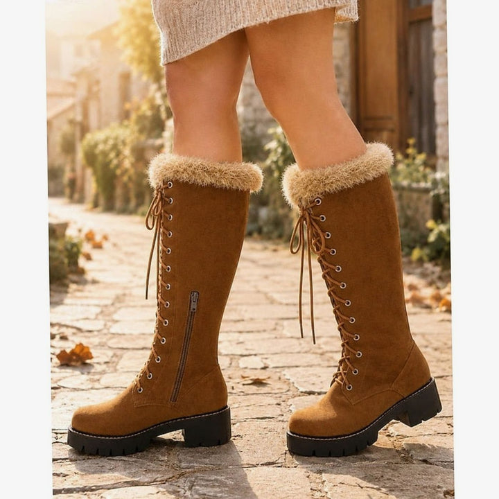 Women's Faux Suede Lace-Up Knee-High Winter Snow Boots Plush Cuff