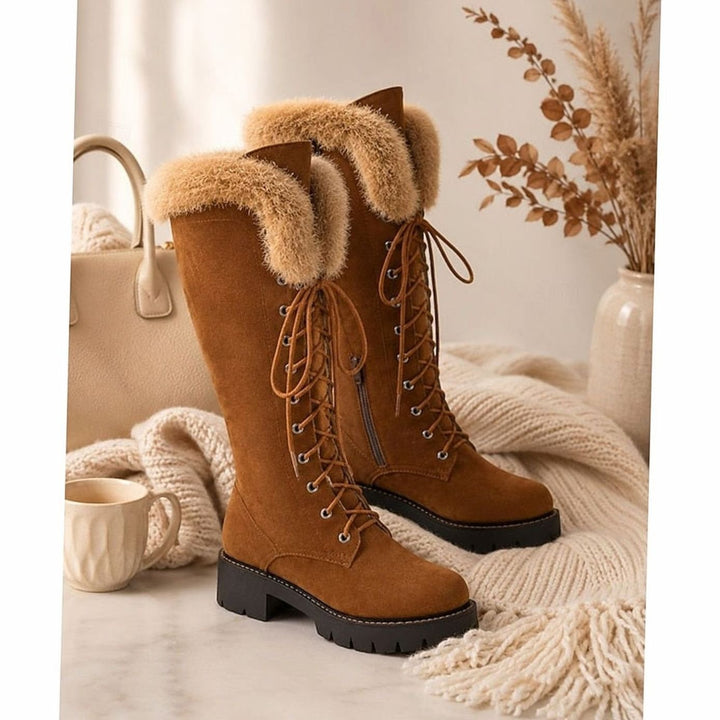 Women's Faux Suede Lace-Up Knee-High Winter Snow Boots Plush Cuff