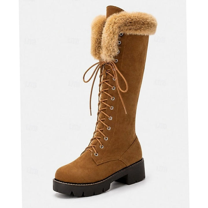 Women's Faux Suede Lace-Up Knee-High Winter Snow Boots Plush Cuff