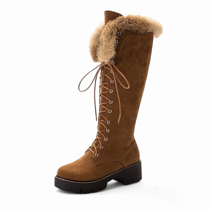 Women's Faux Suede Lace-Up Knee-High Winter Snow Boots Plush Cuff
