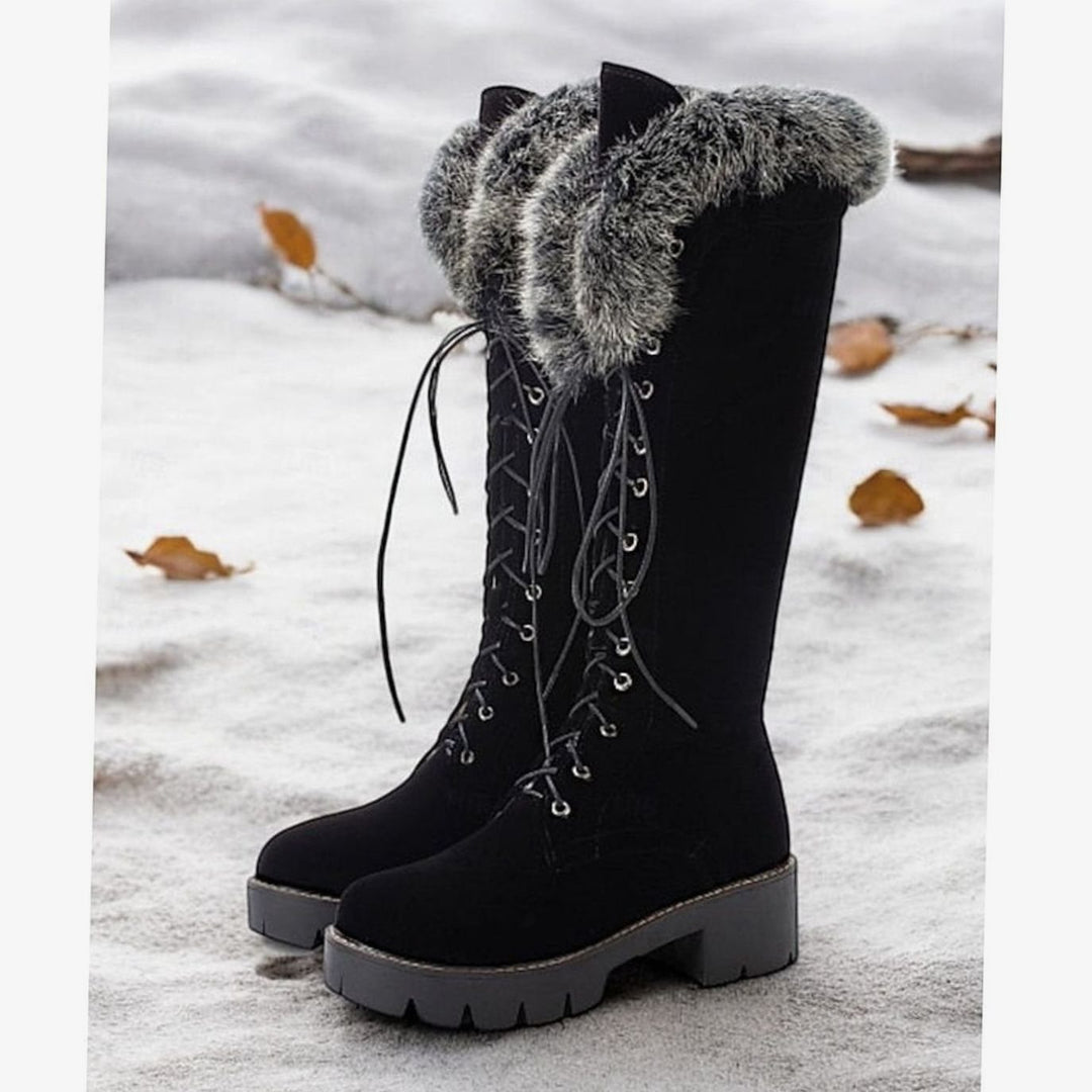 Women's Faux Suede Lace-Up Knee-High Winter Snow Boots Plush Cuff - Black