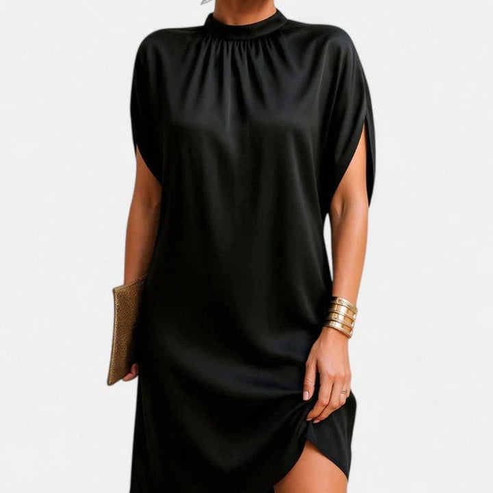 Women's Figure Flattering Mock-Neck Batwing-Sleeve Shift Dress - Black