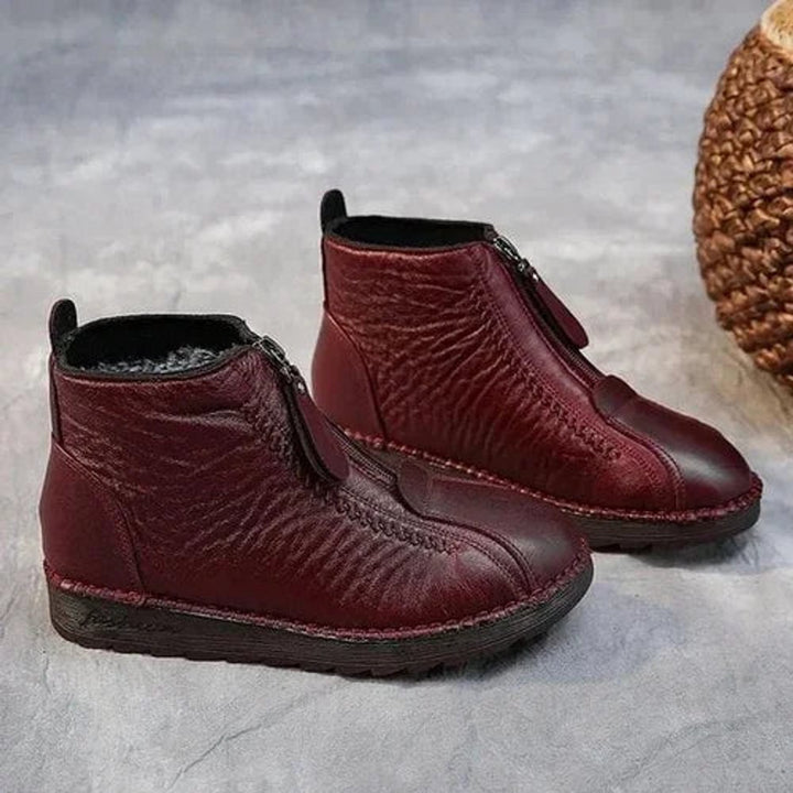 Women's Fleece-Lined Slip-Resistant Leather Ankle Boots - Red