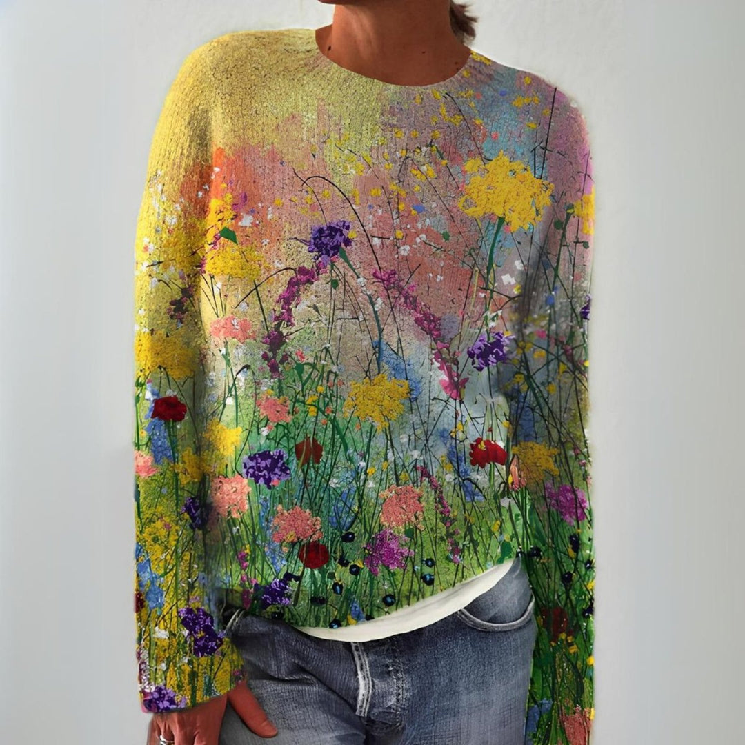 Women's Floral Art Print Long Sleeve Knit Sweater - Multicolor