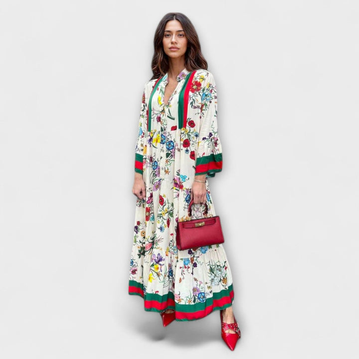 Women's Floral Bell-Sleeve Tiered Maxi Dress - White