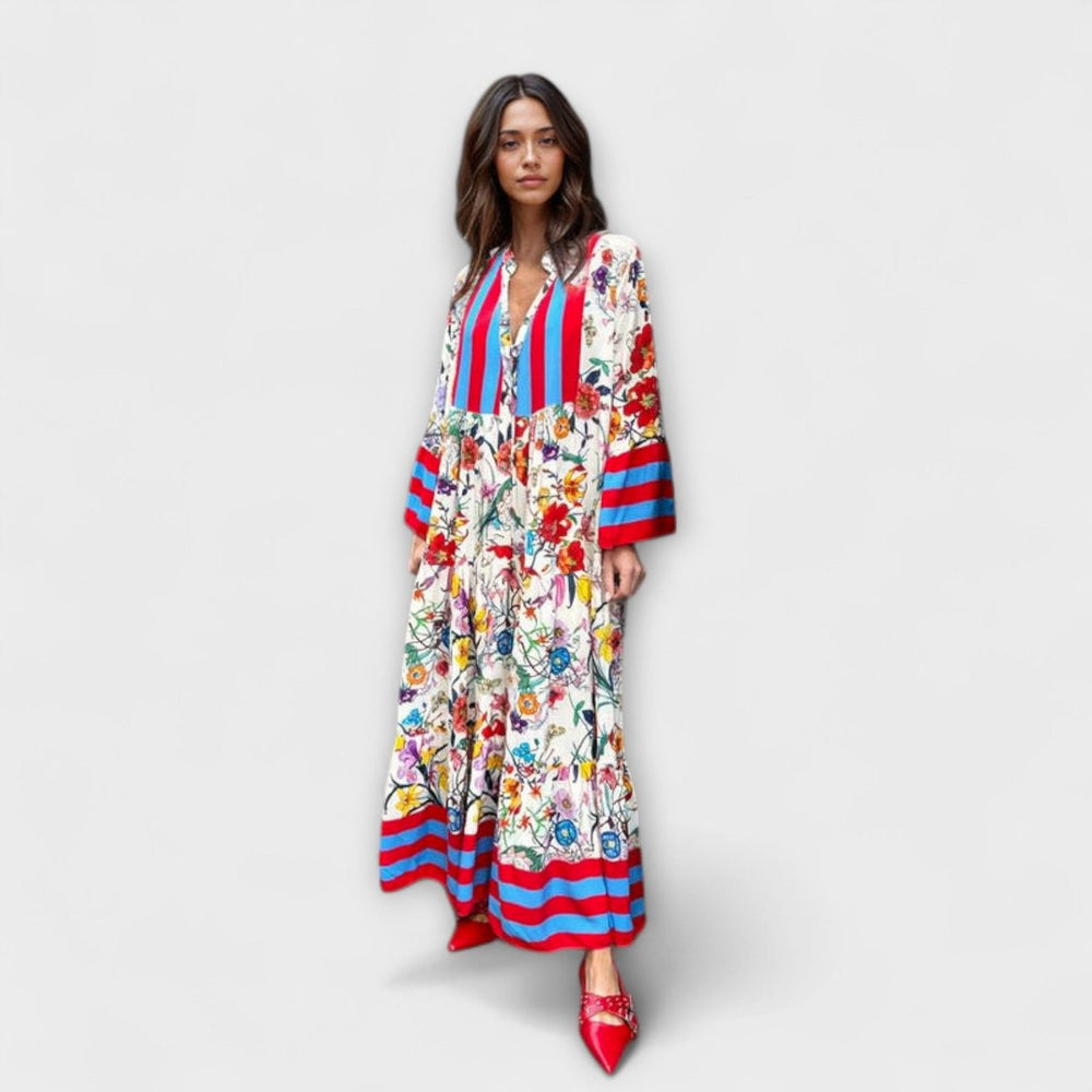 Women's Floral Bell-Sleeve Tiered Maxi Dress - Red
