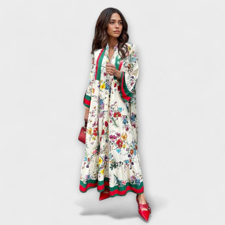 Women's Floral Bell-Sleeve Tiered Maxi Dress