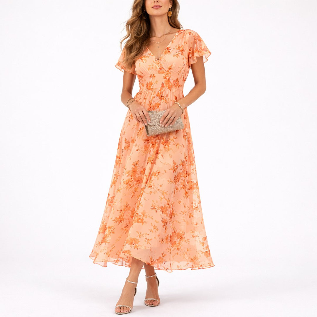 Women's Floral Chiffon Fall Wedding Guest Dresses Flowy V-Neck Maxi - Orange