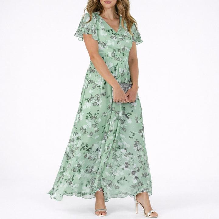 Women's Floral Chiffon Fall Wedding Guest Dresses Flowy V-Neck Maxi - Green