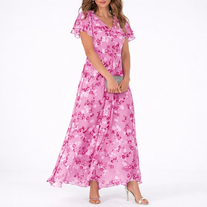 Women's Floral Chiffon Fall Wedding Guest Dresses Flowy V-Neck Maxi - Pink
