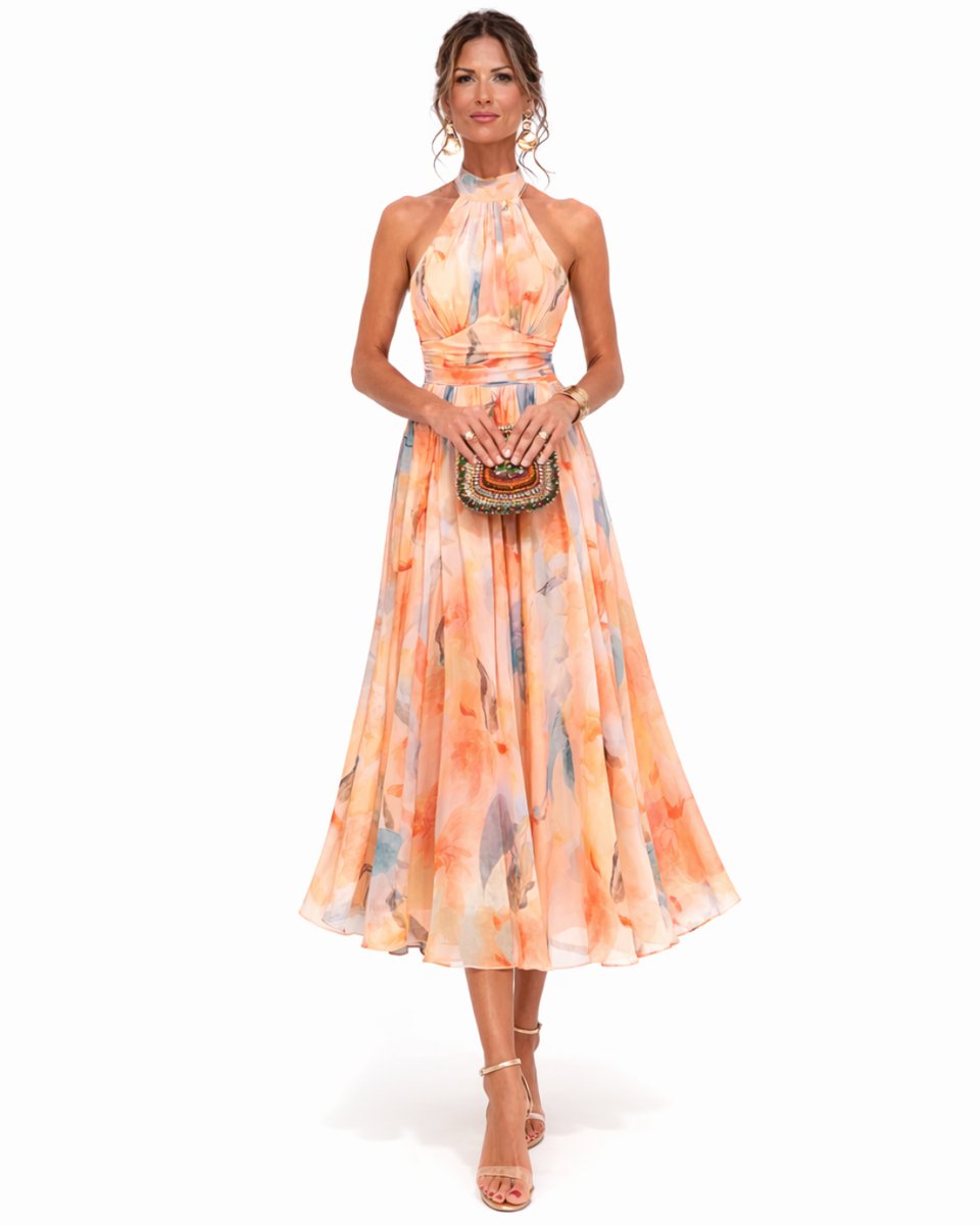 Women's Floral Chiffon Halter Neck Midi Dress Flared Skirt