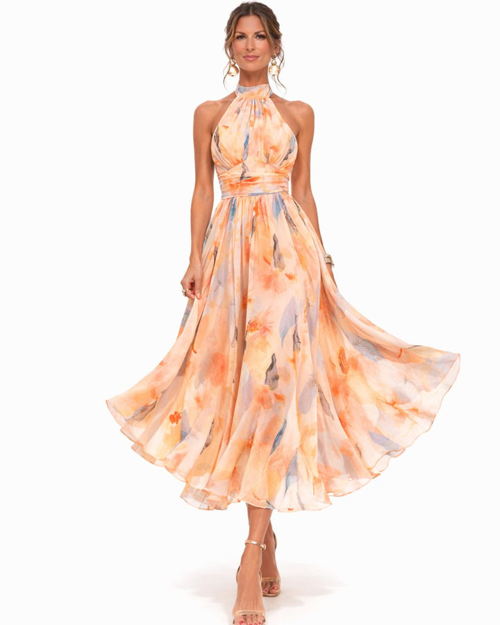 Women's Floral Chiffon Halter Neck Midi Dress Flared Skirt