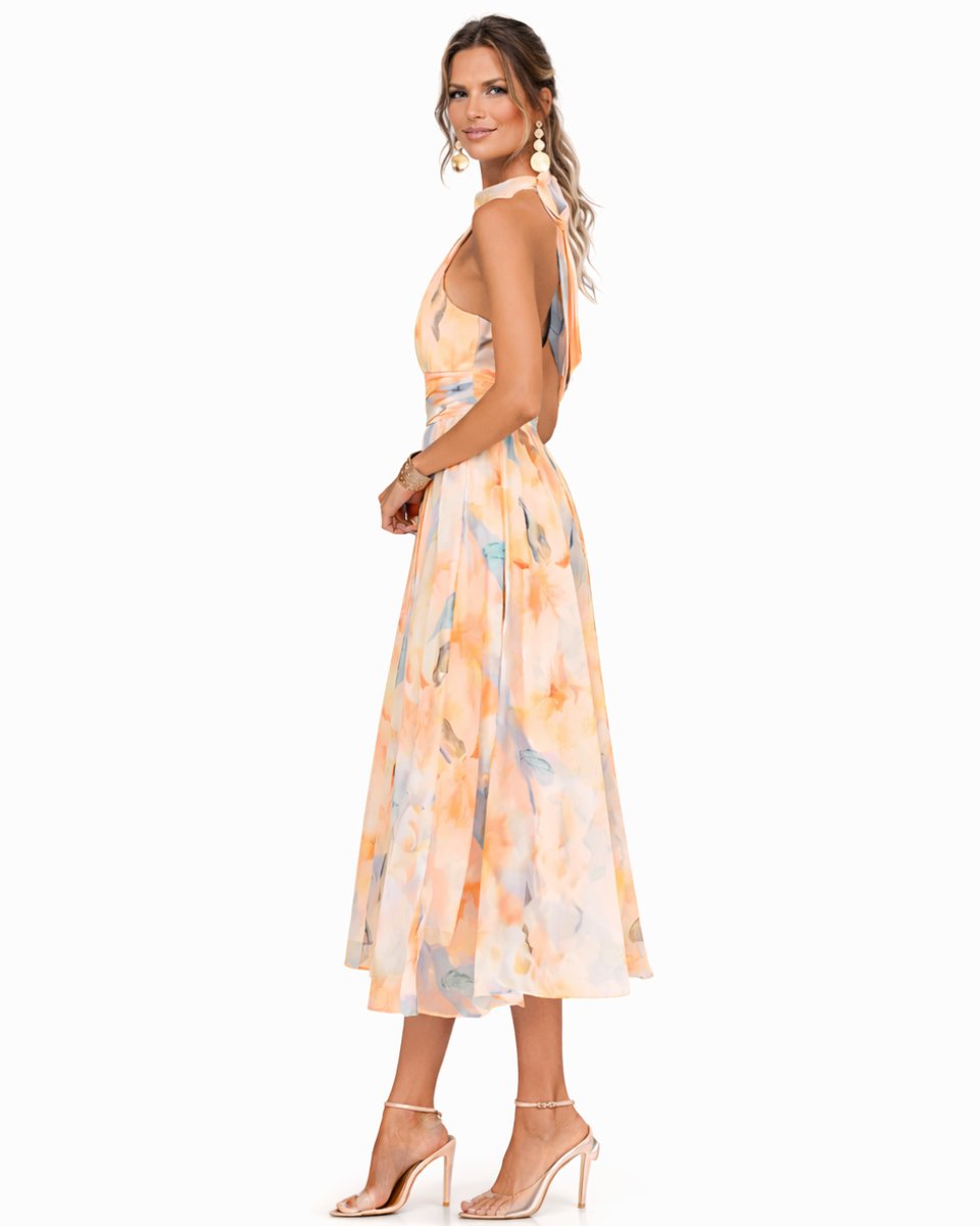 Women's Floral Chiffon Halter Neck Midi Dress Flared Skirt