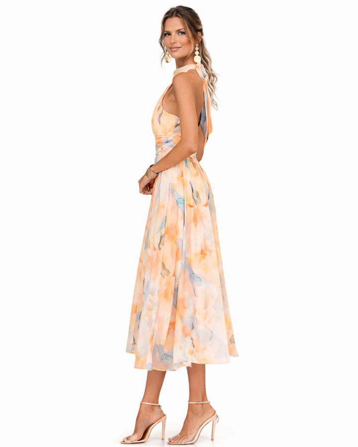 Women's Floral Chiffon Halter Neck Midi Dress Flared Skirt