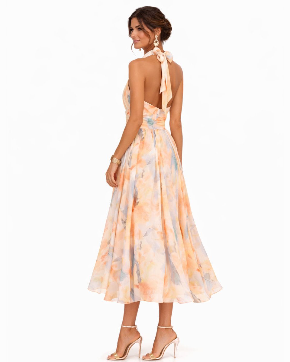 Women's Floral Chiffon Halter Neck Midi Dress Flared Skirt
