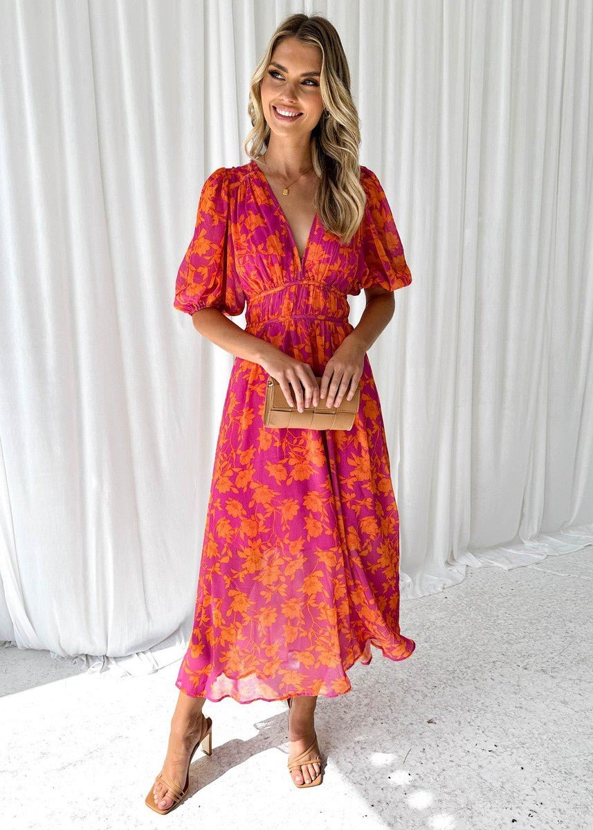 Women's Floral Chiffon Puff-Sleeve V-Neck Wedding Guest Maxi Dress