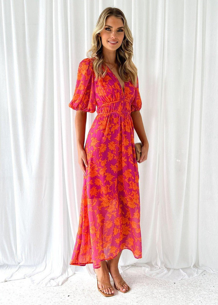 Women's Floral Chiffon Puff-Sleeve V-Neck Wedding Guest Maxi Dress