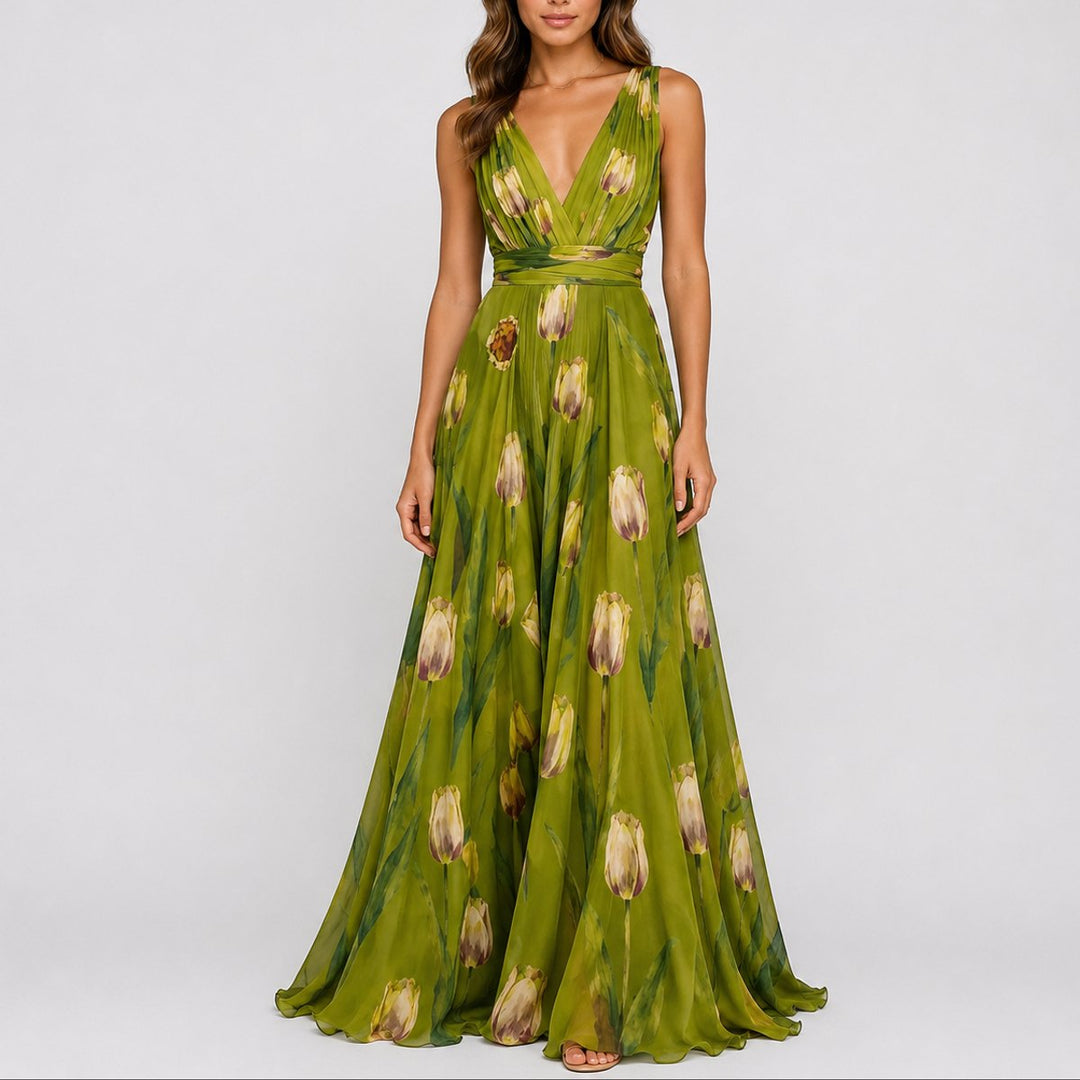 Women's Floral Chiffon V-Neck Fall Wedding Guest Maxi Dress - Green
