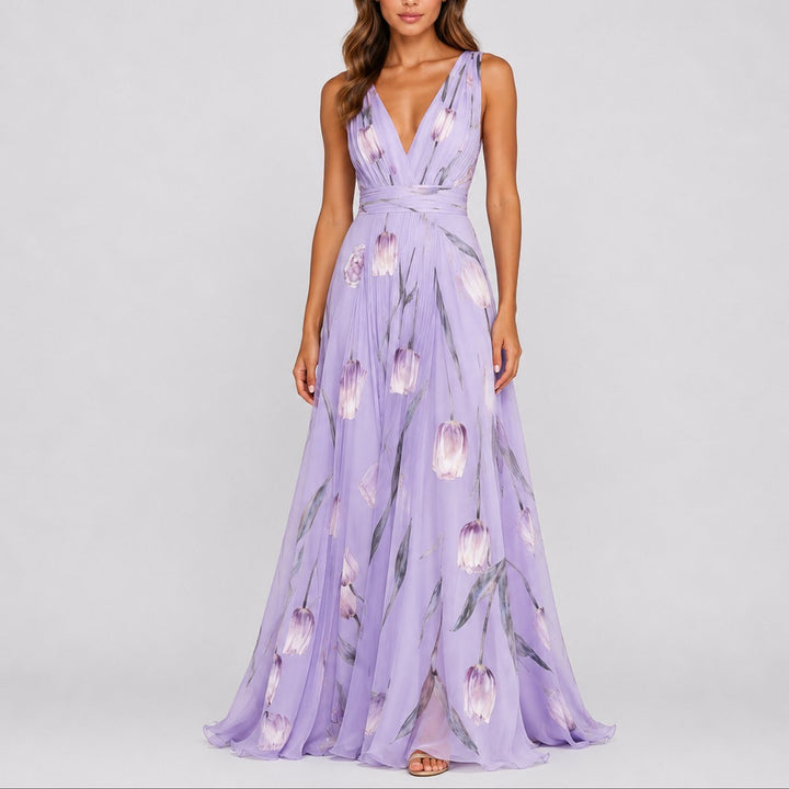 Women's Floral Chiffon V-Neck Fall Wedding Guest Maxi Dress - Purple