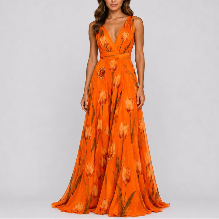 Women's Floral Chiffon V-Neck Fall Wedding Guest Maxi Dress - Orange