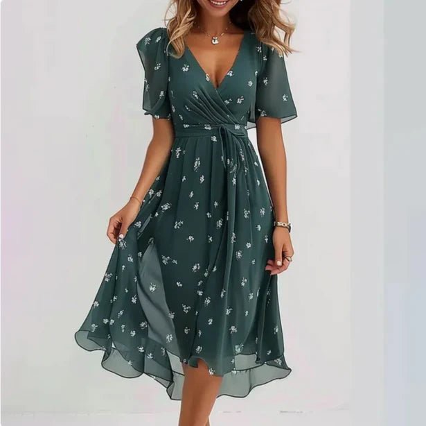 Women's Floral Chiffon V-Neck Wrap Midi Dress - Groen