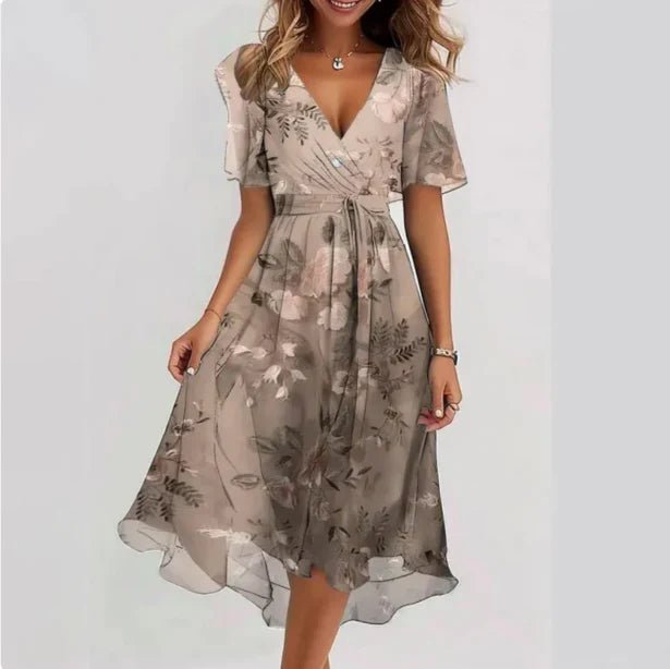 Women's Floral Chiffon V-Neck Wrap Midi Dress - Beige
