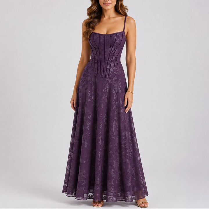 Women's Floral Corset Maxi Fall Wedding Guest Dress - Purple