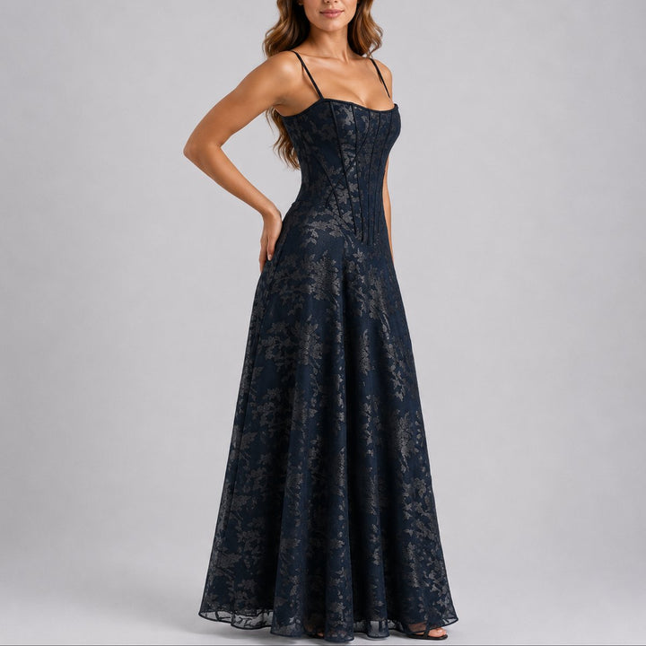 Women's Floral Corset Maxi Fall Wedding Guest Dress - Navy