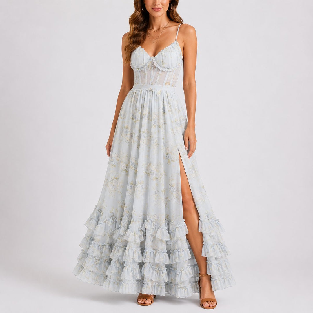 Women's Floral Corset Maxi Fall Wedding Guest Dress Ruffled Spaghetti Strap - Blue