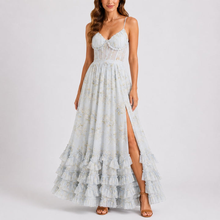 Women's Floral Corset Maxi Fall Wedding Guest Dress Ruffled Spaghetti Strap - Blue