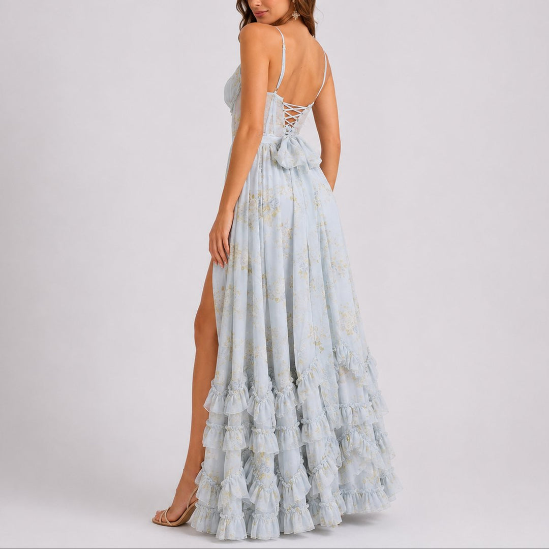 Women's Floral Corset Maxi Fall Wedding Guest Dress Ruffled Spaghetti Strap