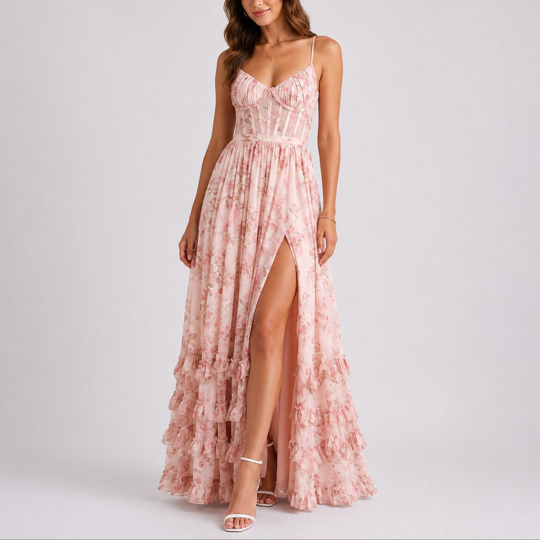 Women's Floral Corset Maxi Fall Wedding Guest Dress Ruffled Spaghetti Strap - Pink