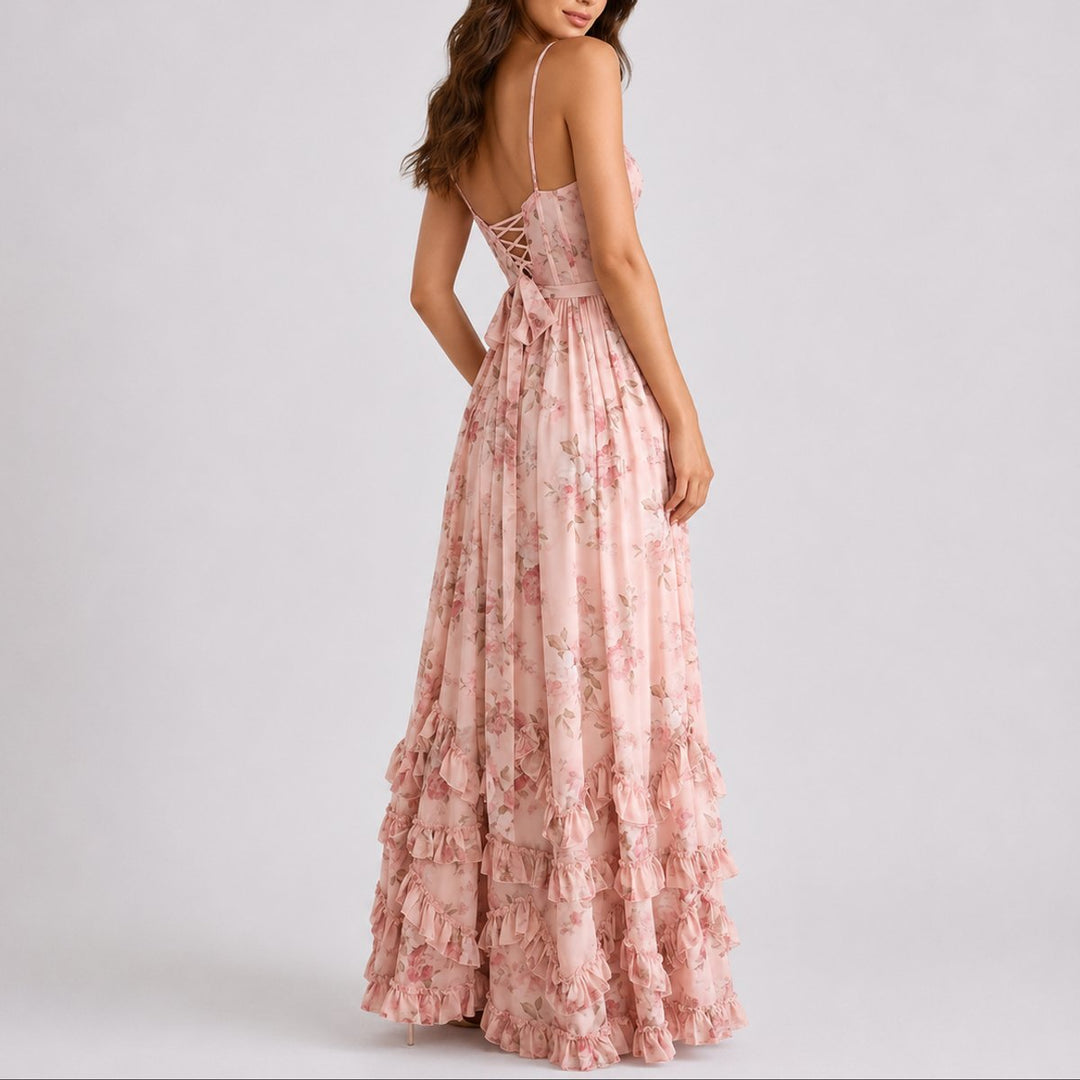 Women's Floral Corset Maxi Fall Wedding Guest Dress Ruffled Spaghetti Strap
