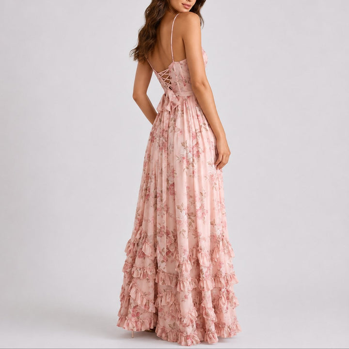 Women's Floral Corset Maxi Fall Wedding Guest Dress Ruffled Spaghetti Strap