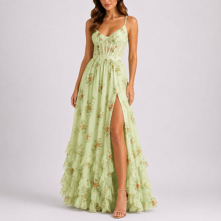 Women's Floral Corset Maxi Fall Wedding Guest Dress Ruffled Spaghetti Strap - Green