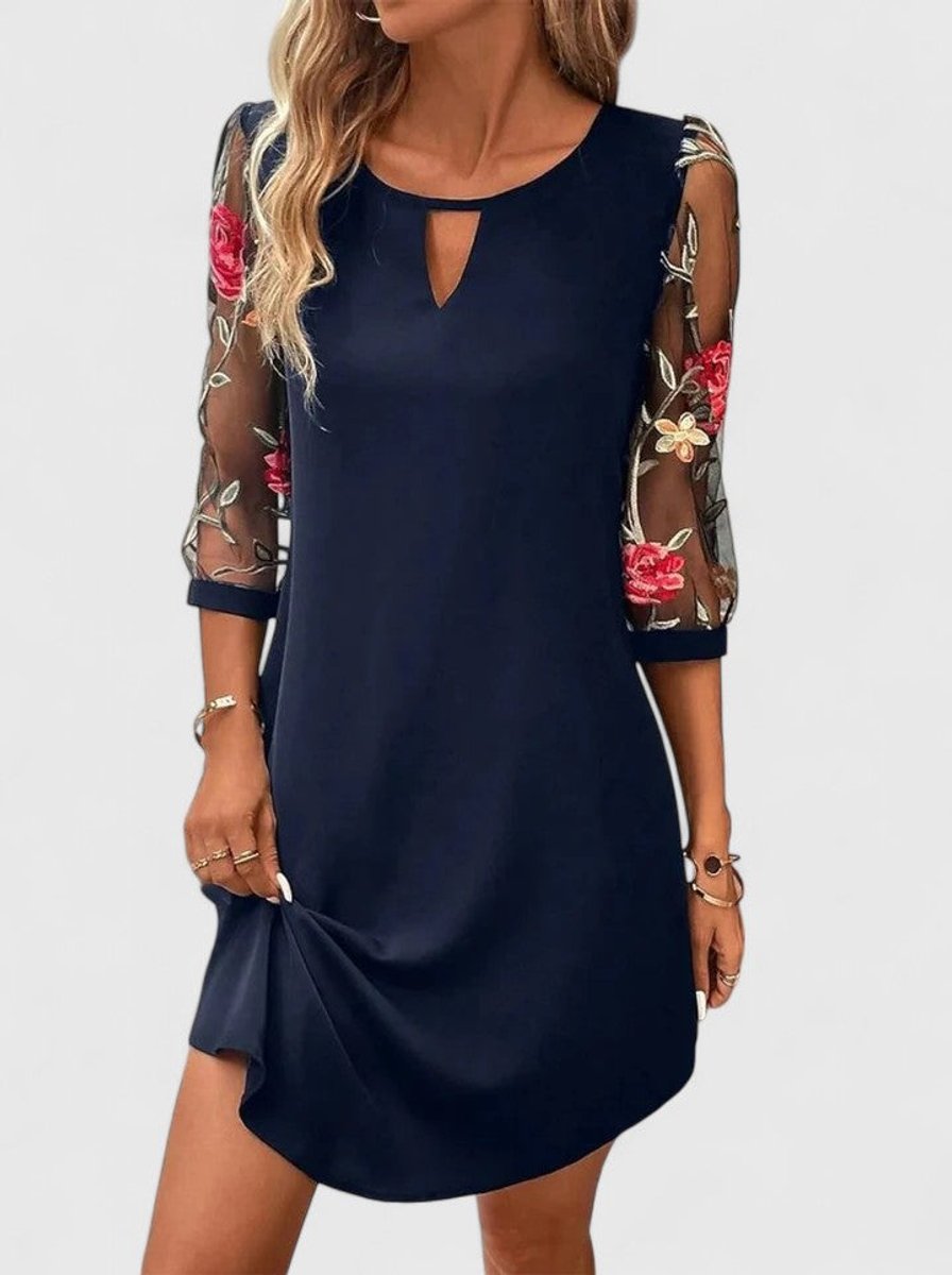 Women's Floral Embroidered Mesh-Sleeve Keyhole Mini Shift Dress - Navy Blue