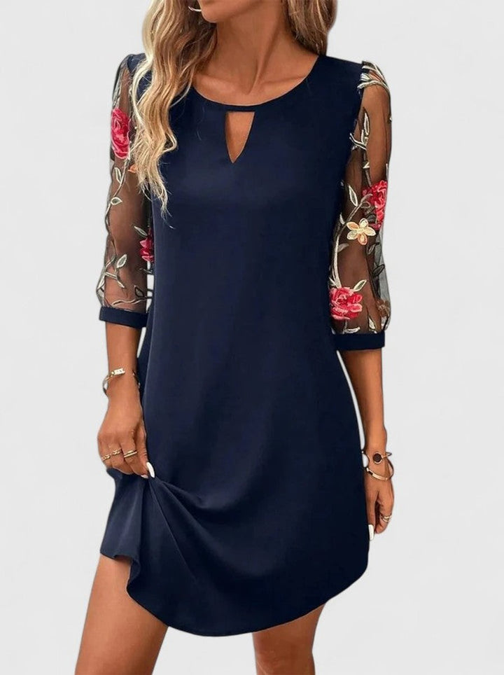 Women's Floral Embroidered Mesh-Sleeve Keyhole Mini Shift Dress - Navy Blue
