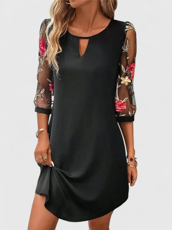 Women's Floral Embroidered Mesh-Sleeve Keyhole Mini Shift Dress - Black