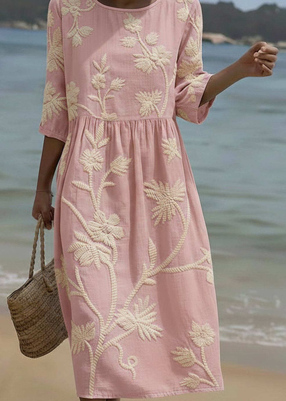 Women's Floral Embroidered Midi Cocktail Dress 3/4 Sleeve - Pink