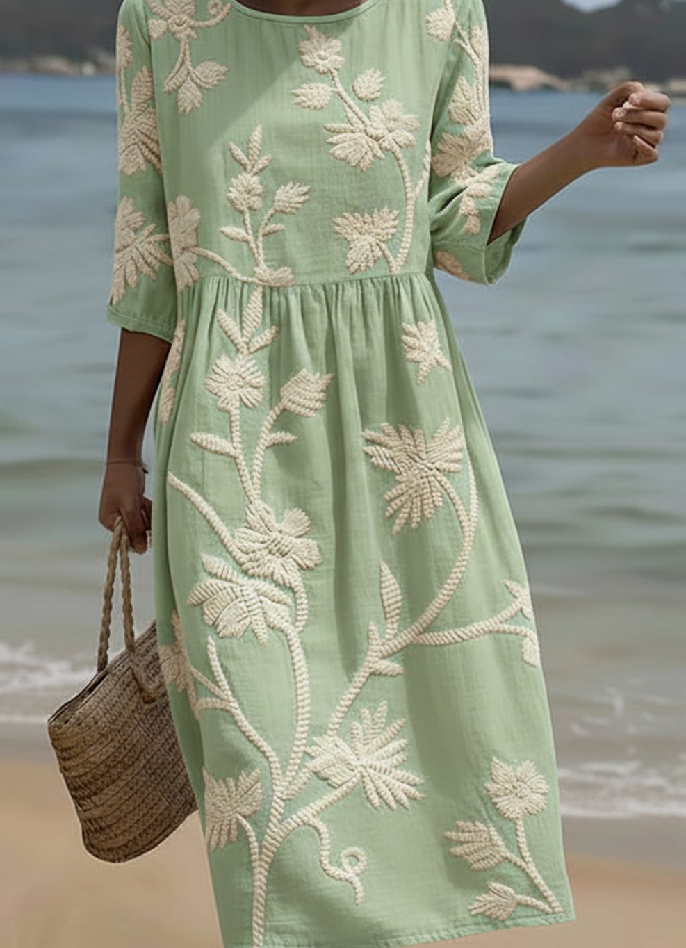 Women's Floral Embroidered Midi Cocktail Dress Half Sleeve - Green