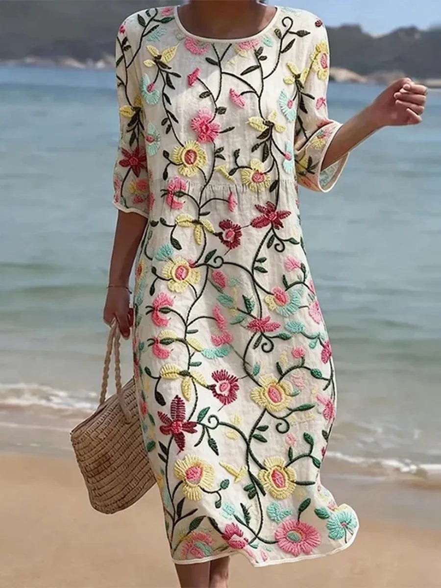 Women's Floral Embroidered Midi Party Dress - Multicolor