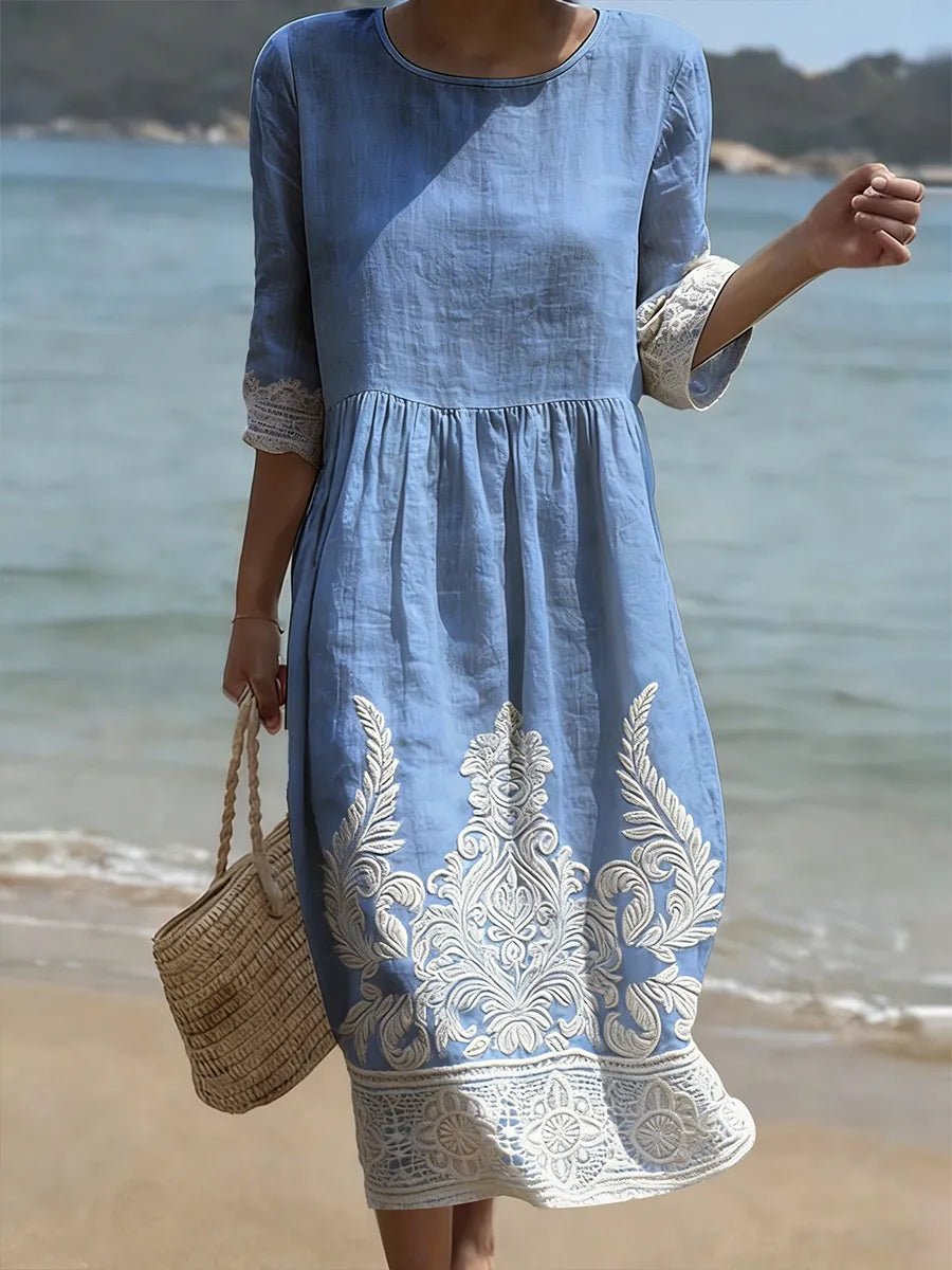 Women's Floral Embroidered Midi Party Dress Lace Trim - Blue