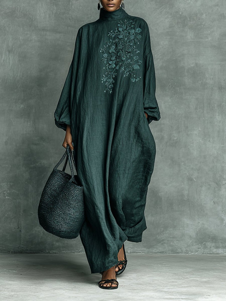 Women's Floral Embroidered Mock Neck Long Sleeve Maxi Dress