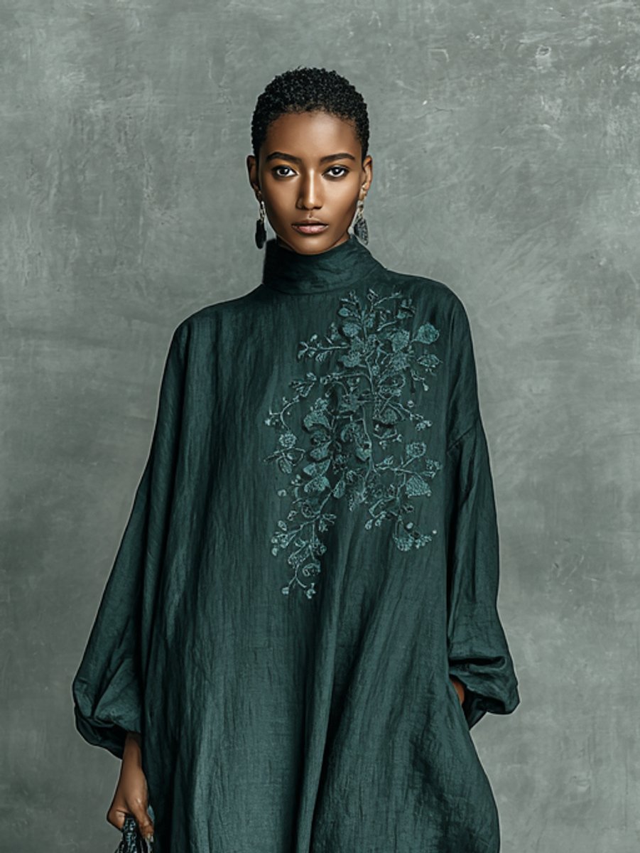Women's Floral Embroidered Mock Neck Long Sleeve Maxi Dress