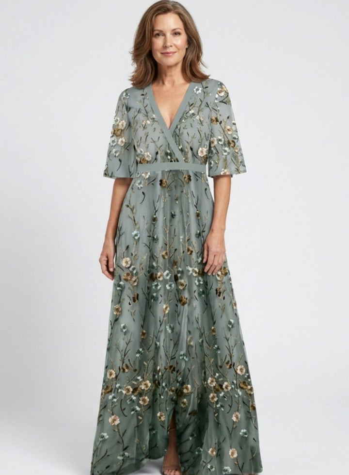 Women's Floral Embroidered Short Sleeve Maxi Dress V-Neck - Green