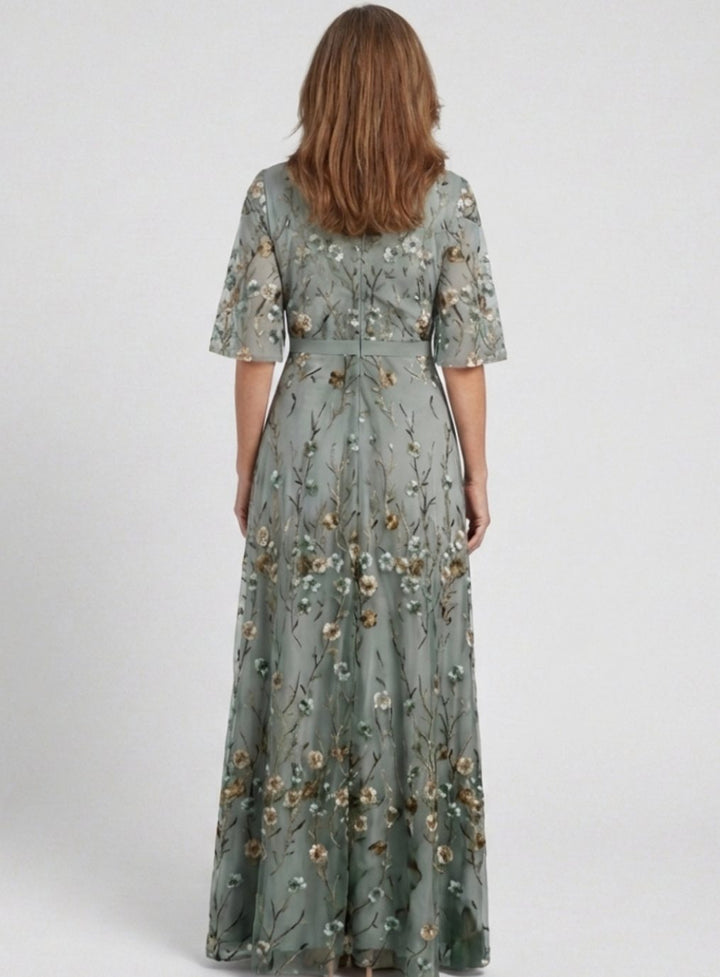 Women's Floral Embroidered Short Sleeve Maxi Dress V-Neck