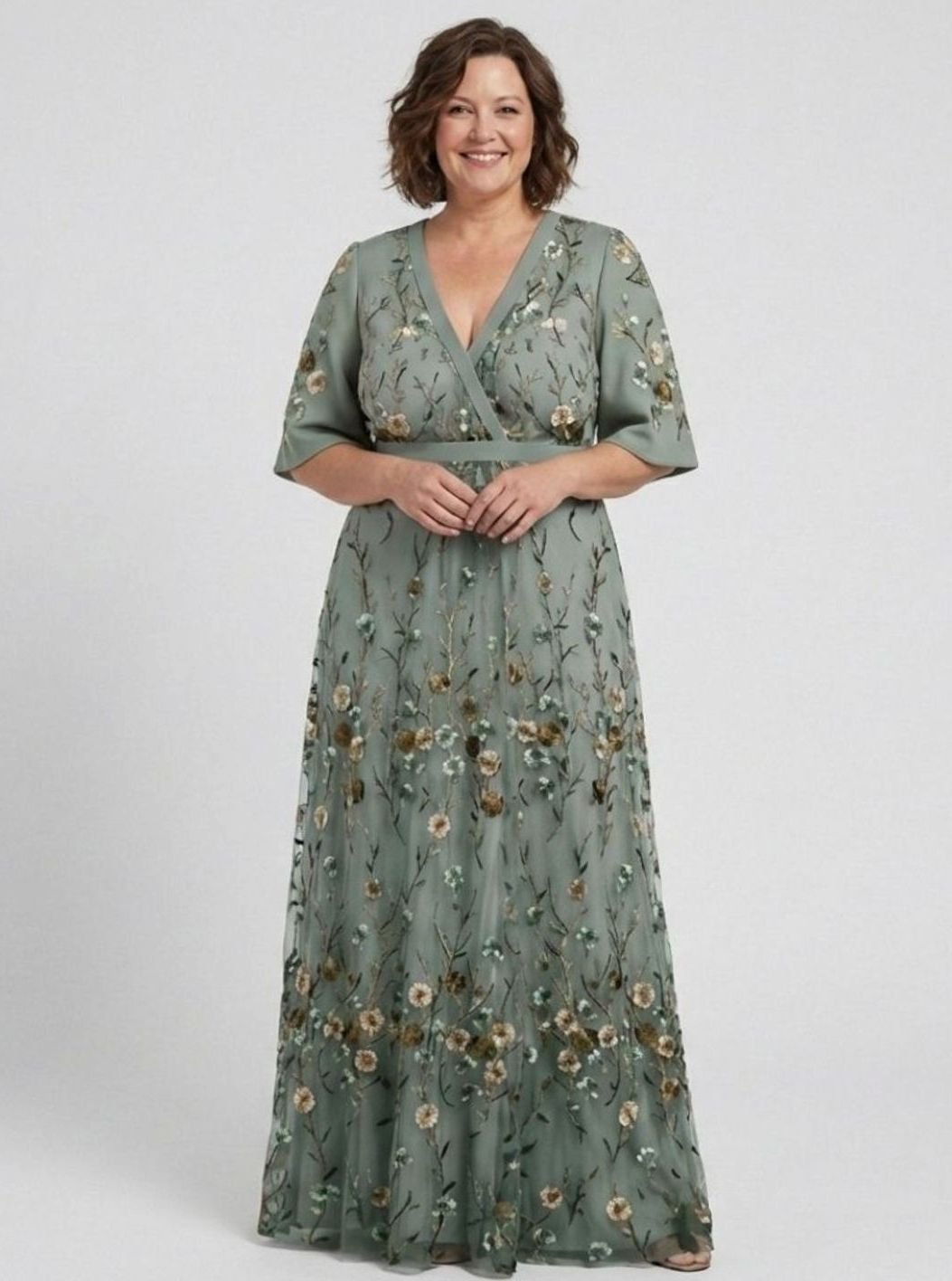Women's Floral Embroidered Short Sleeve Maxi Dress V-Neck